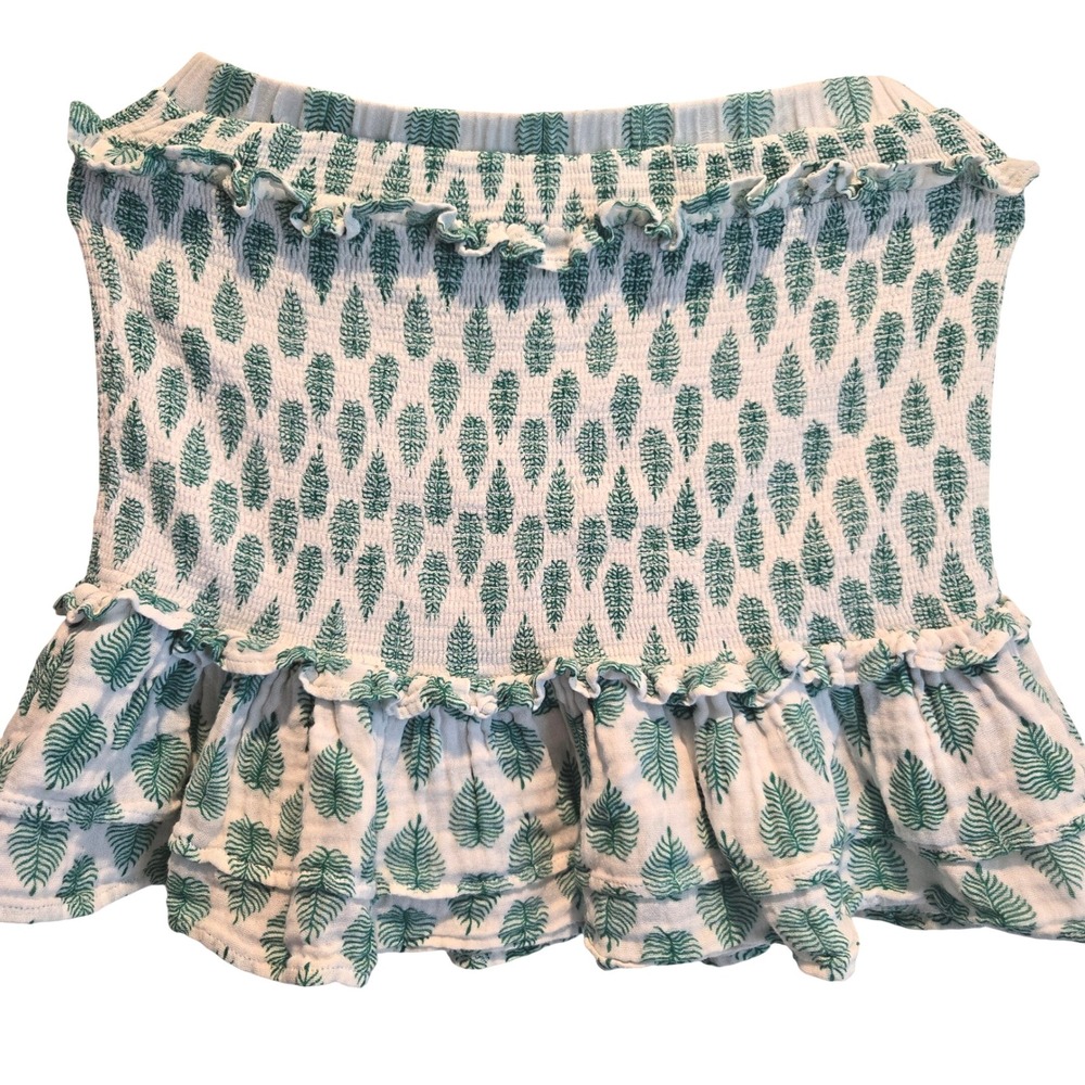 Sundays Smocked Ruffle Mini Skirt Green White‎ Leaf Print Boho Festival